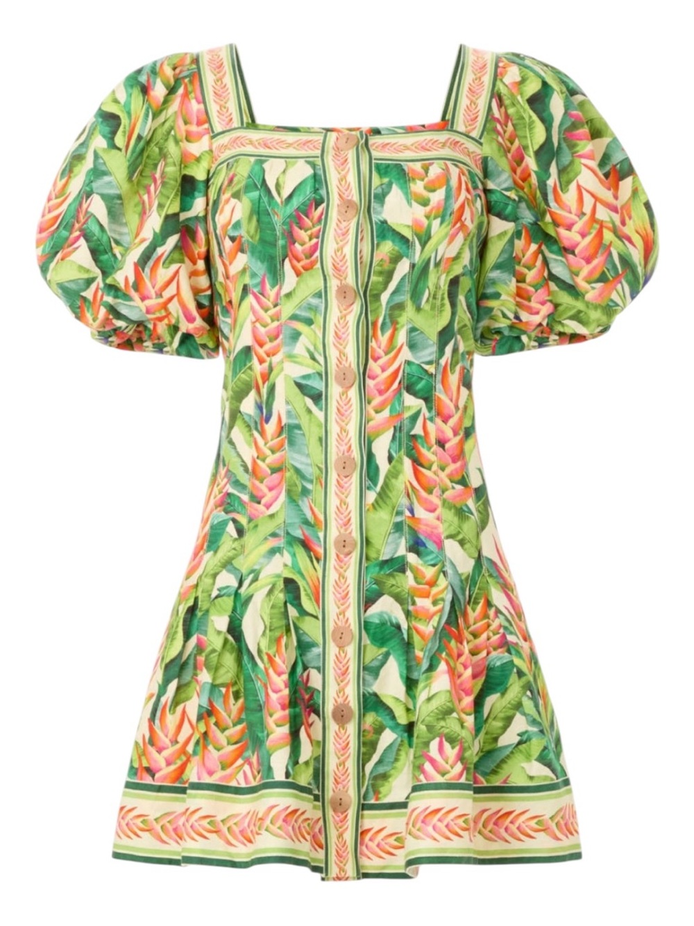 FARM Rio Heli Leaves Mini Dress | Medium | Tropical Linen Blend Puff Sleeve